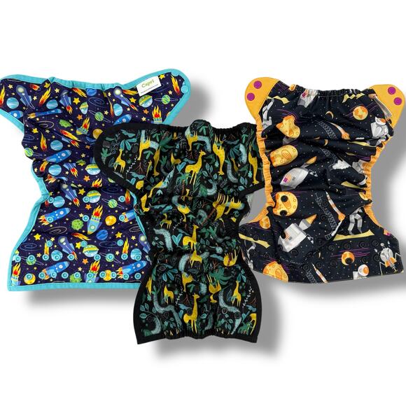 Baby Boy Space Rocket Giraffe Zoo Reusable Diaper Cover Lot Of Three - Picture 1 of 7